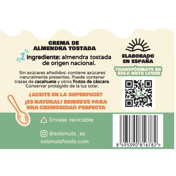 Crema suave de almendra nacional 100%  Solonuts - 200g