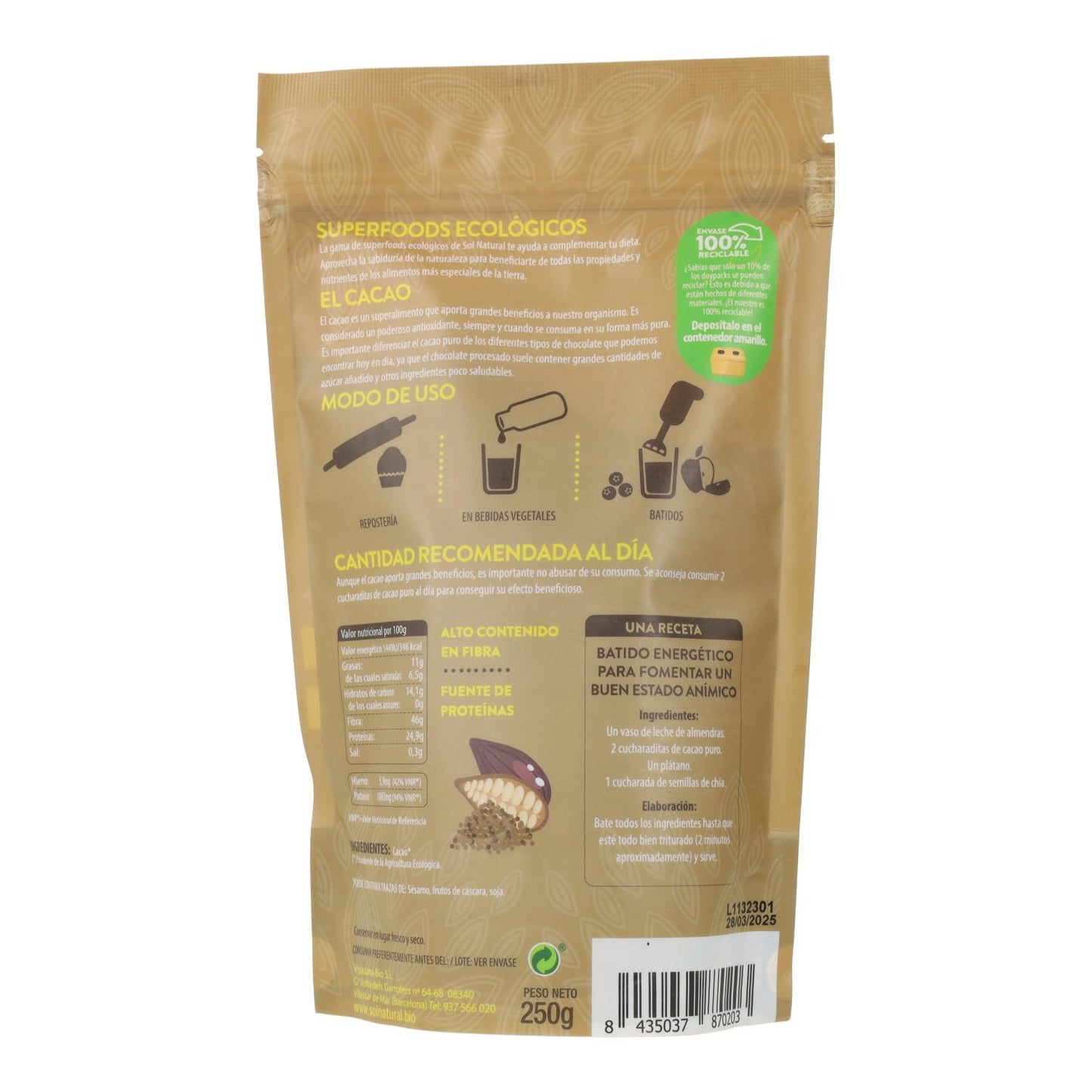Cacao en polvo bio Sol Natural 250 g