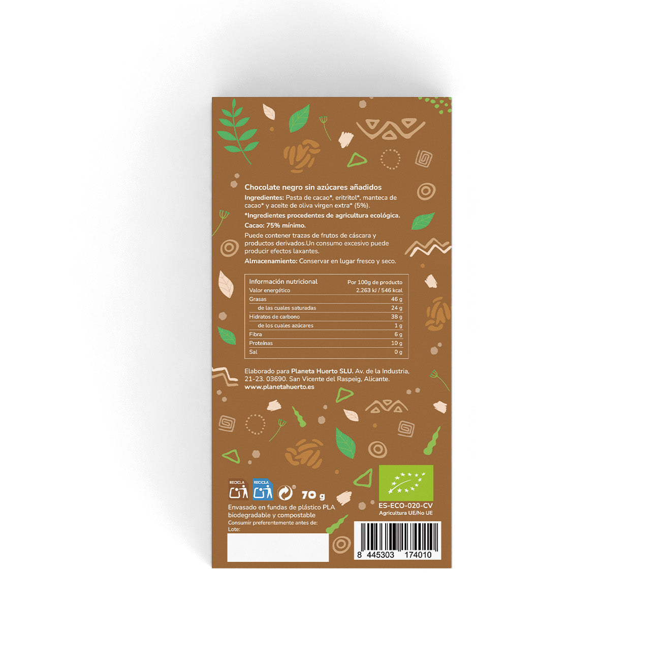 Tableta chocolate negro 75% sin azúcares añadidos ECO Planeta Huerto 70 gr