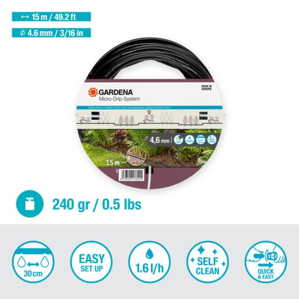 Tubo con goteros incluidos de 4,6 mm (3/16"), 15 m