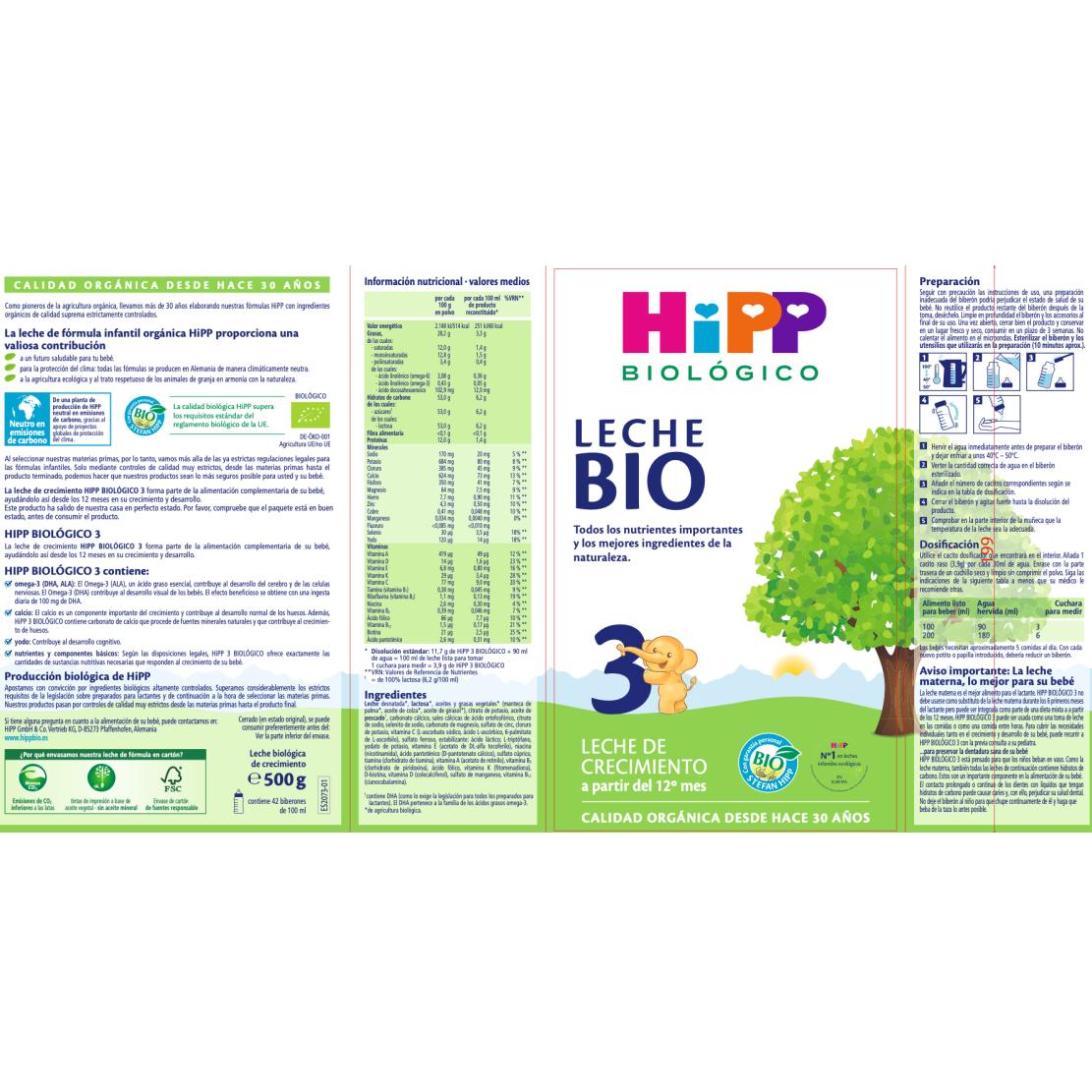 Leche de continuación 3 bio +12 meses HiPP 500 g