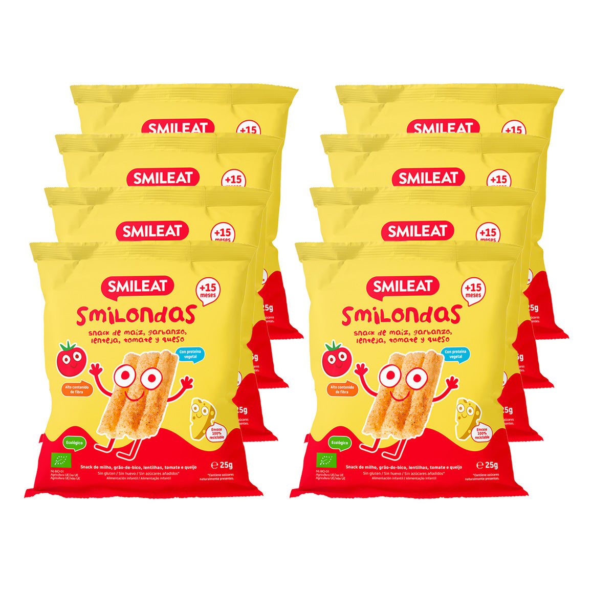 Pack 8x Smilondas Snack de Maiz, garbanzo, lenteja, Tomate y Queso Eco, Smileat, 25 g