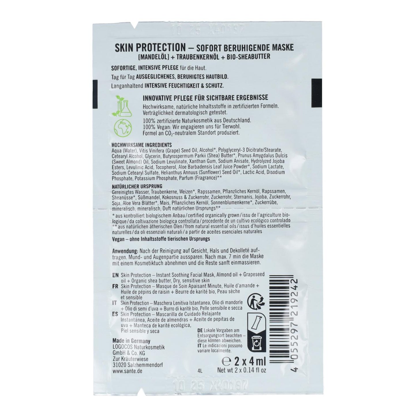 Mascarilla skin protection calmante aceite almendras & uva, Sante  2 x 4 ml