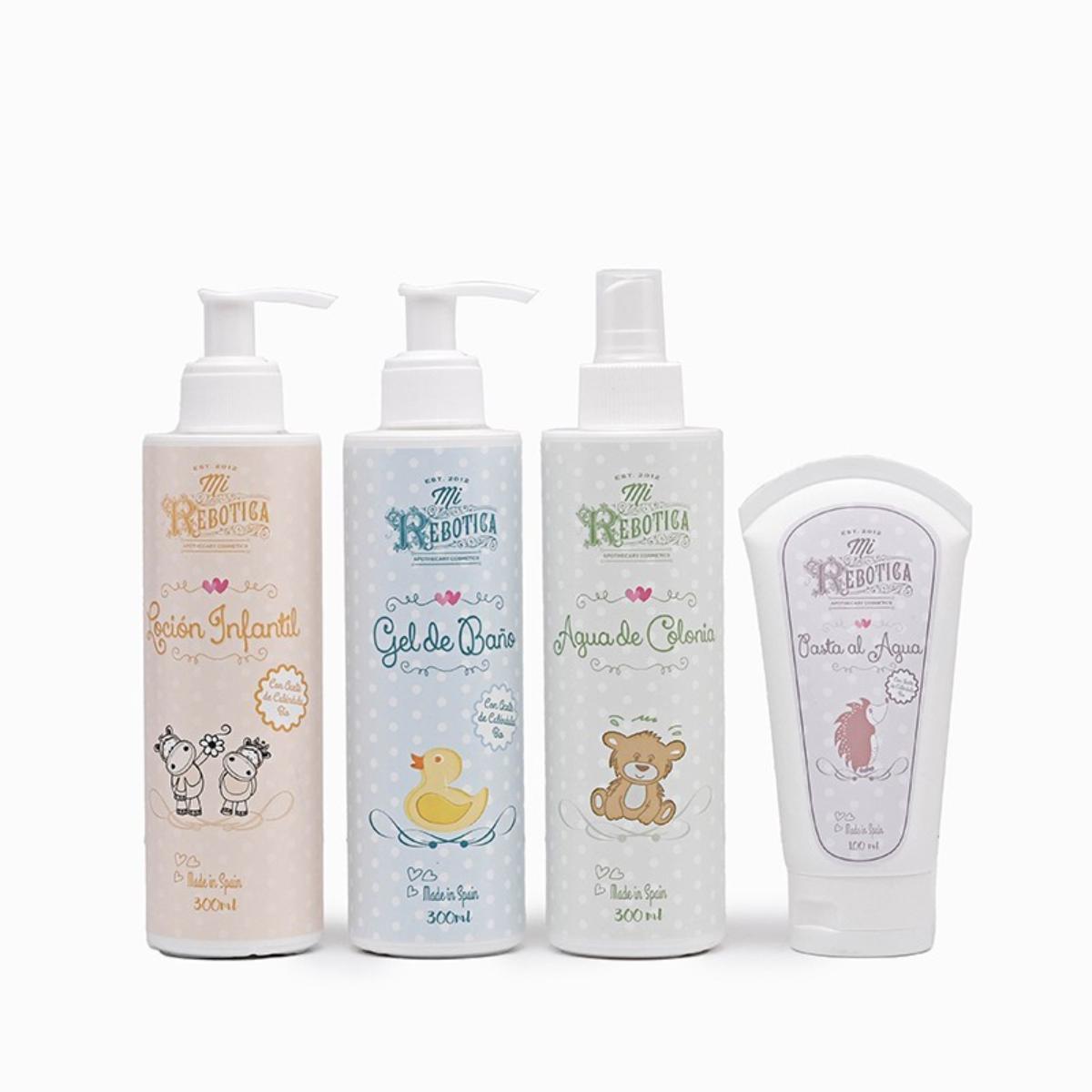 Caja madera regalo infantil: loción infantil, colonia infantil, pasta al agua y gel de baño infantil Mi Rebotica