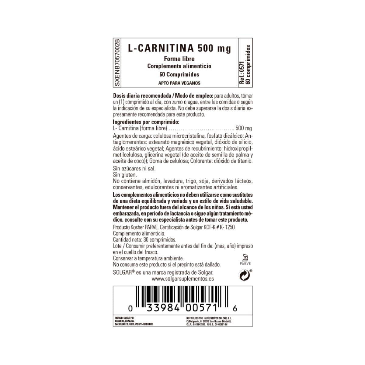 L-Carnitina 500 mg -Solgar 60 comprimidos