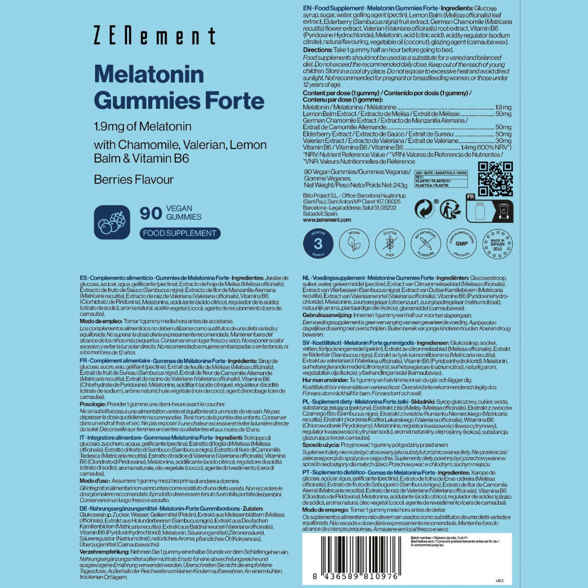 Gummies de Melatonina Forte 1,9 mg Zenement 90 Gominolas Veganas