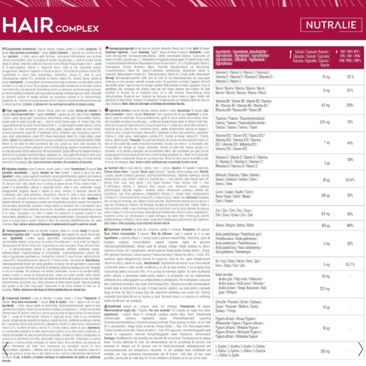 Nutralie Hair Complex + Biotina y Zinc Vitaminas Cabello 90 cápsulas