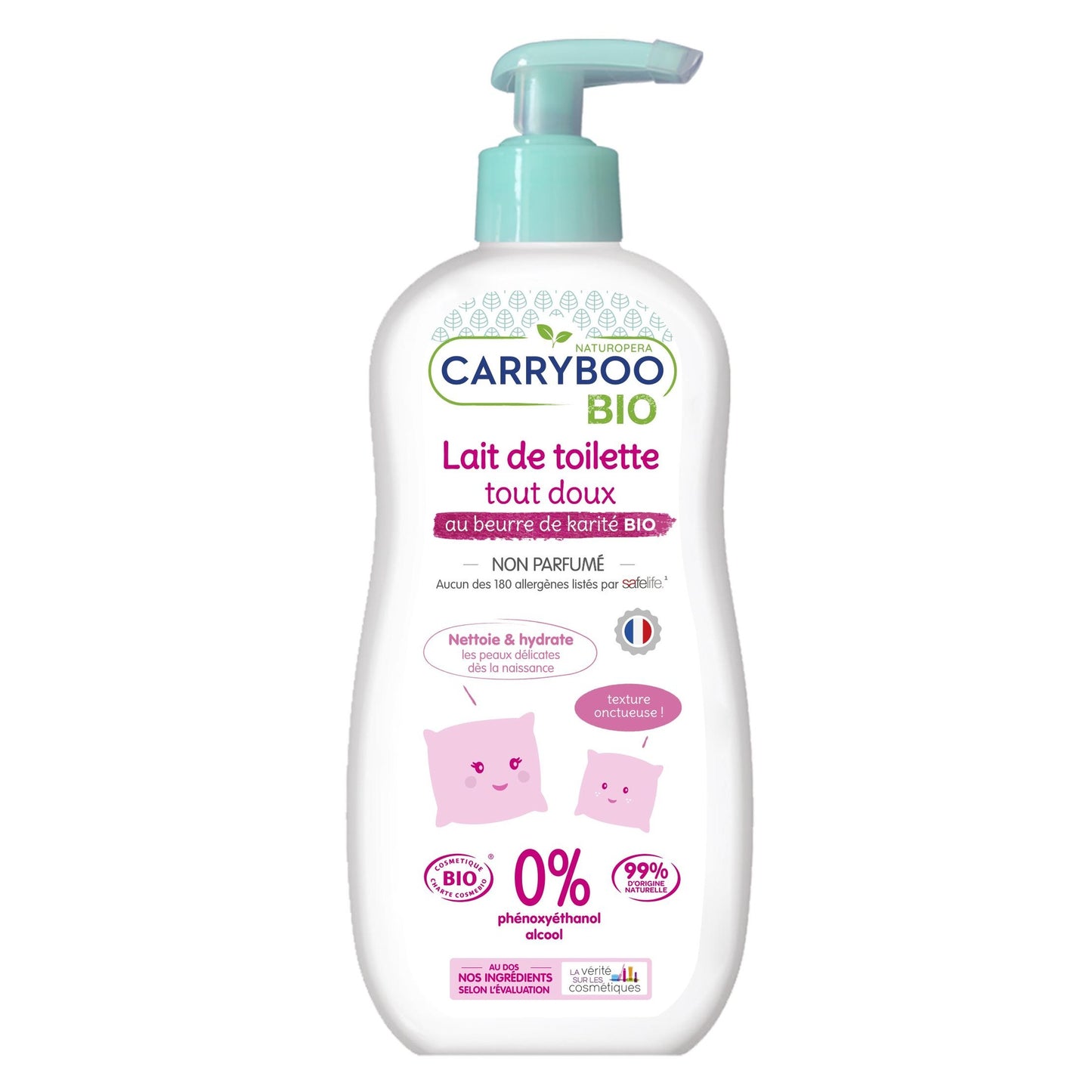 CARRYBOO -Leche de tocador suave con manteca de karité Bio - botella bomba 500ml