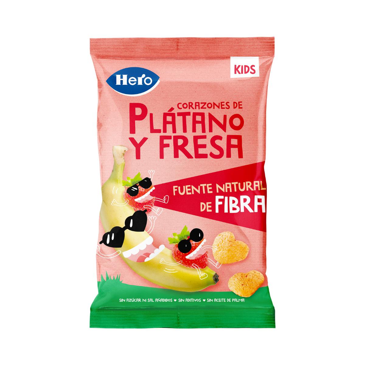 Snacks de Plátano y Fresa en forma de corazones 30 g. Hero-Kids