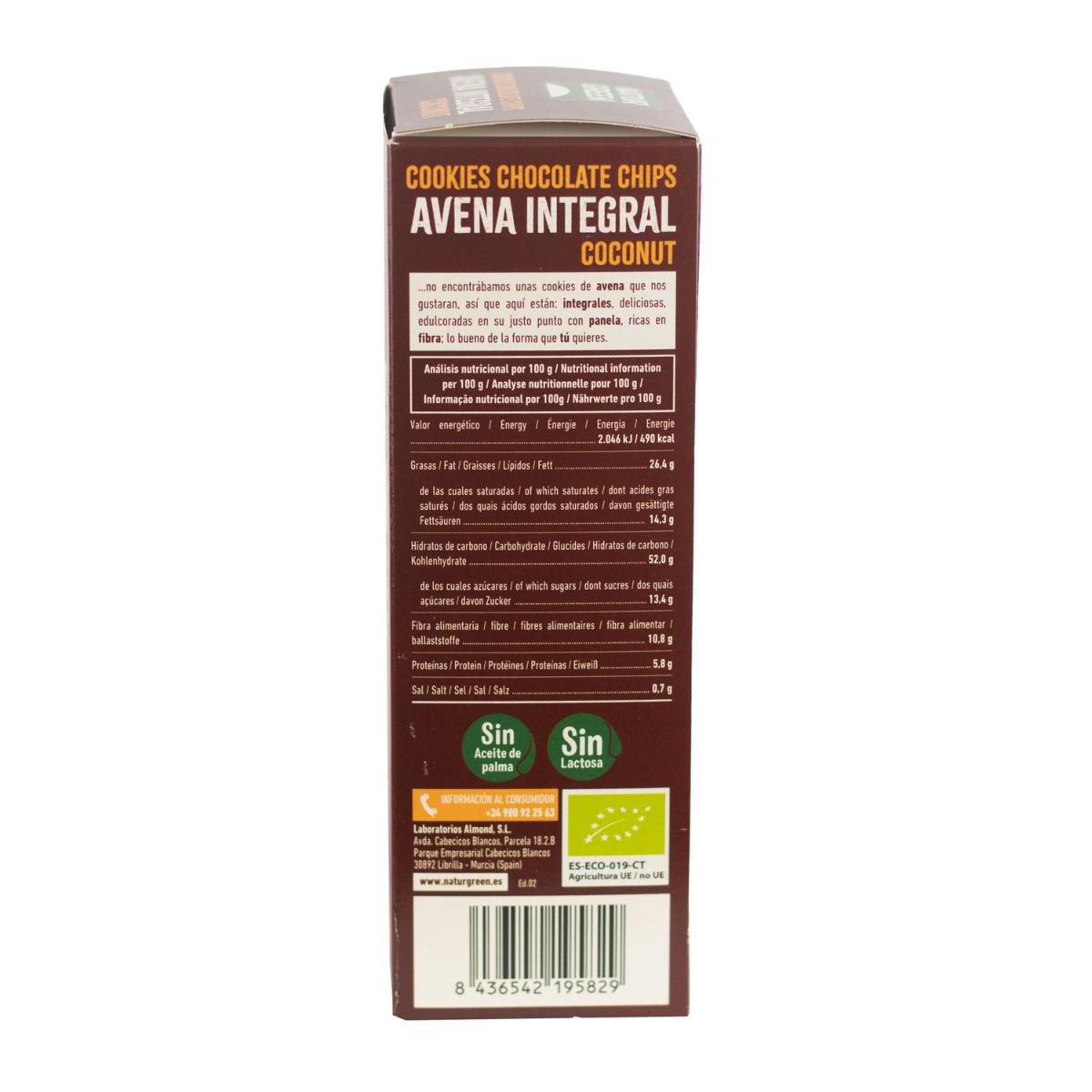 Galleta Cookie Vegana de Avena Integral, Chips de Chocolate y Coco Bio Naturgreen 140 g