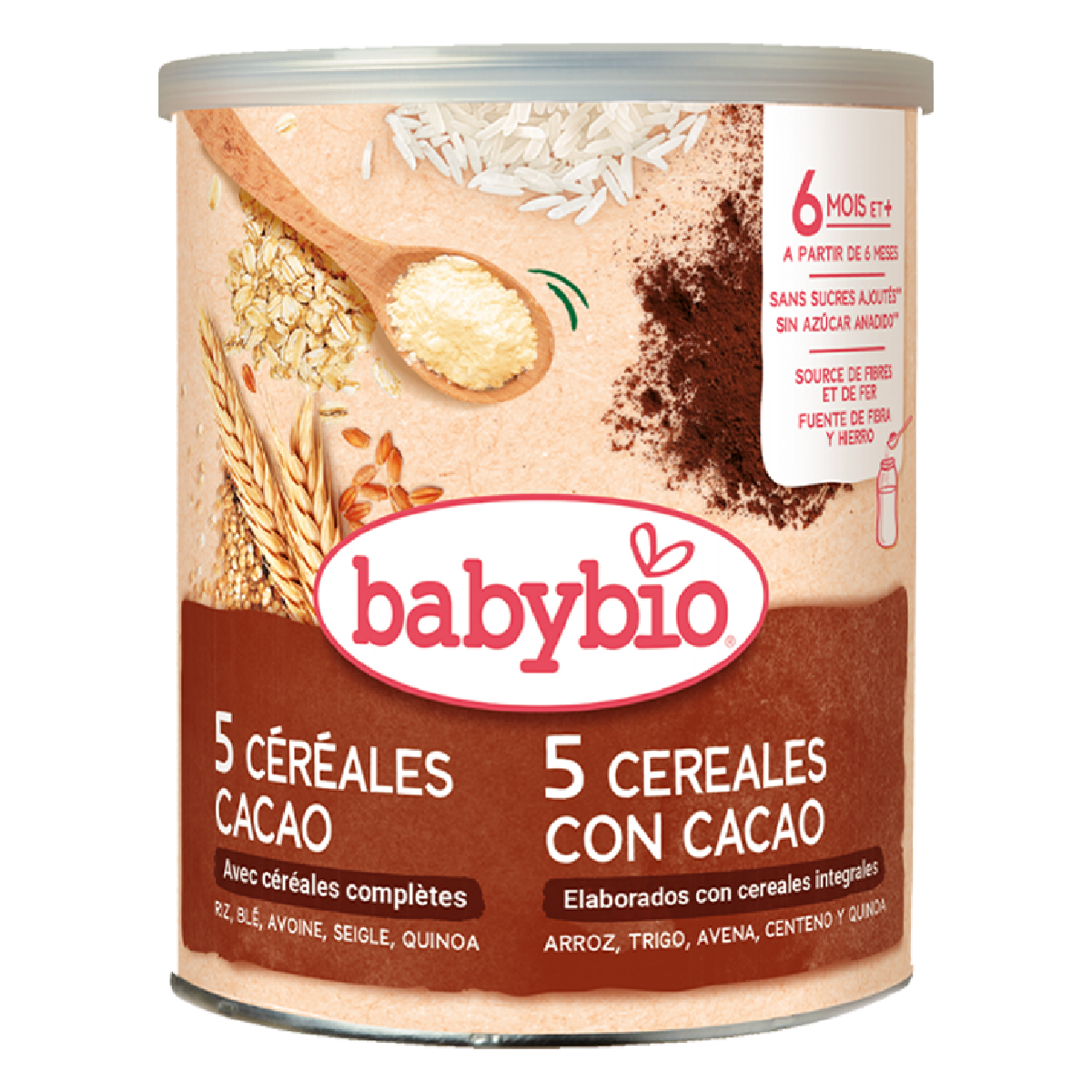 Papilla 5 Cereales con Cacao a partir de 6 meses Babybio 220 g
