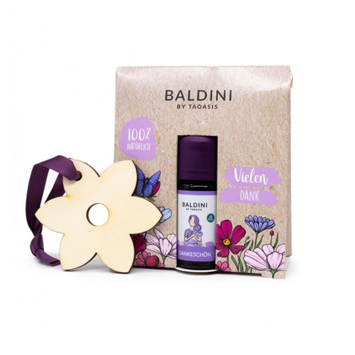 Kit Aroma Gracias. Clementina, geranio rosa y tonka. 10 ml. y colgante de madera en forma de flor.