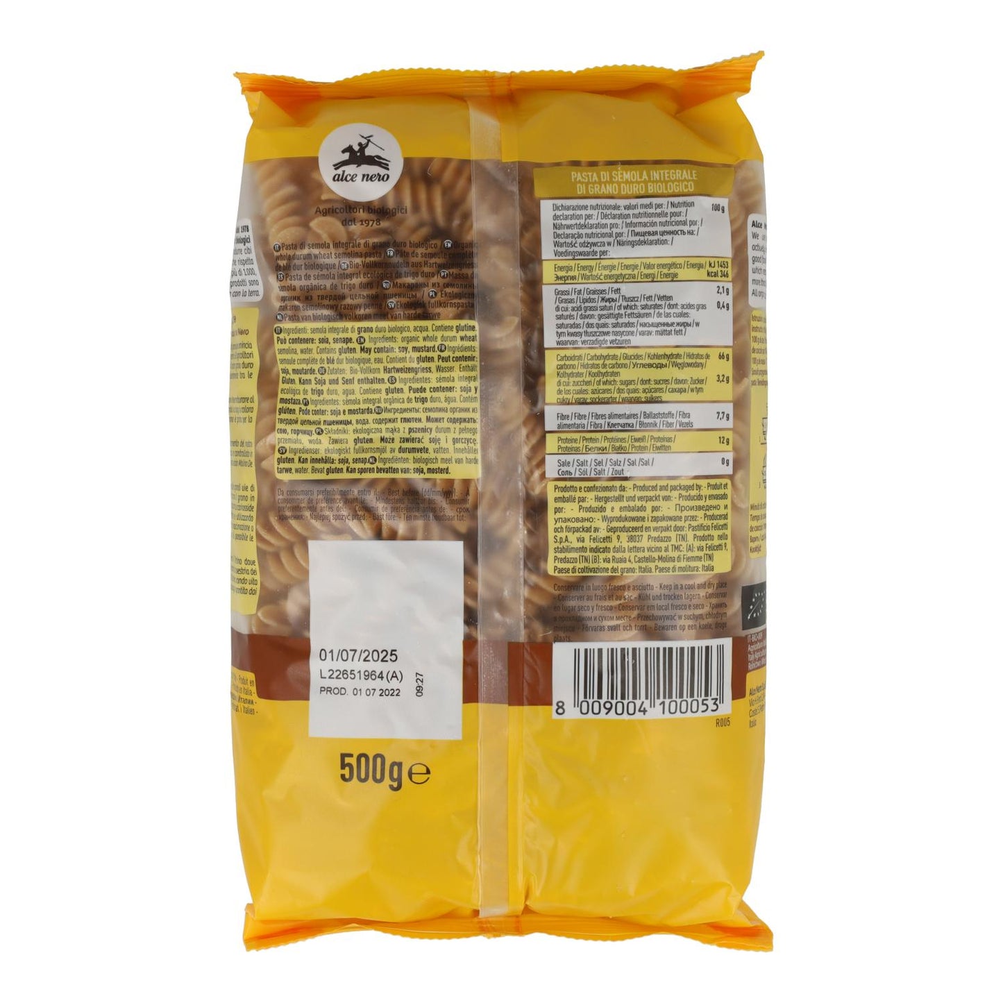 Fusilli de trigo duro integral ecológico de grano duro unidad Alce Nero 500 g
