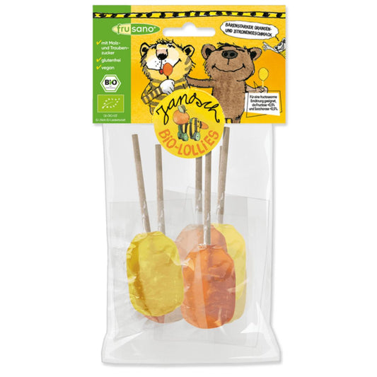 Piruletas orgánicas de naranja y limón, Frusano 60 g