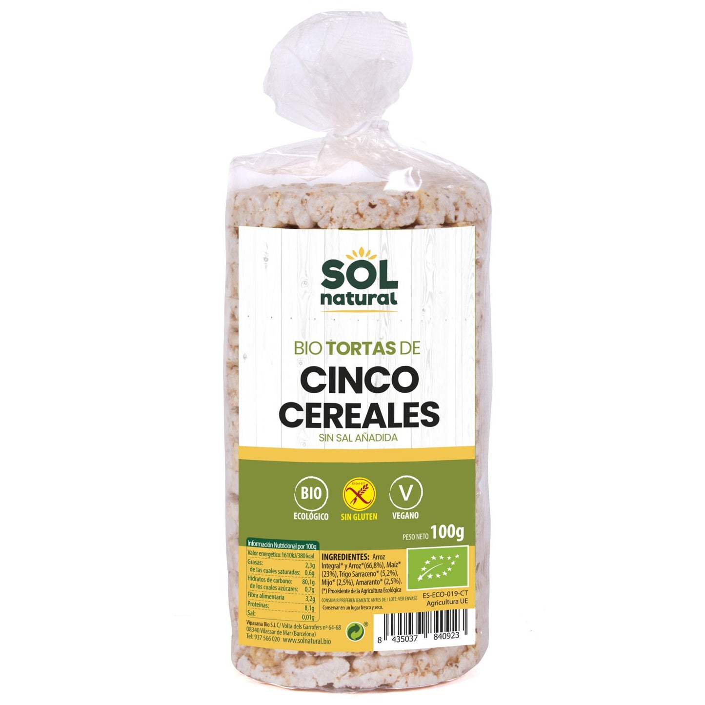 Tortitas de 5 Cereales sin gluten Bio Sol Natural, 100 g