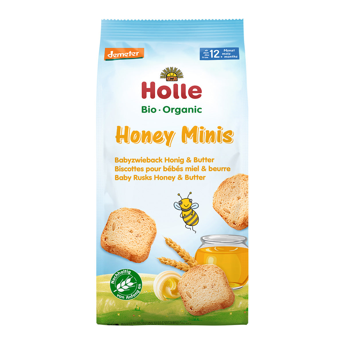 Mini biscotes de bizcocho ecológicos con miel y mantequilla Demeter para bebés a partir 12 meses Holle 100gr