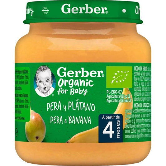 Tarrito de puré de frutas ecológico para bebés de Pera y Plátano Gerber 125 g
