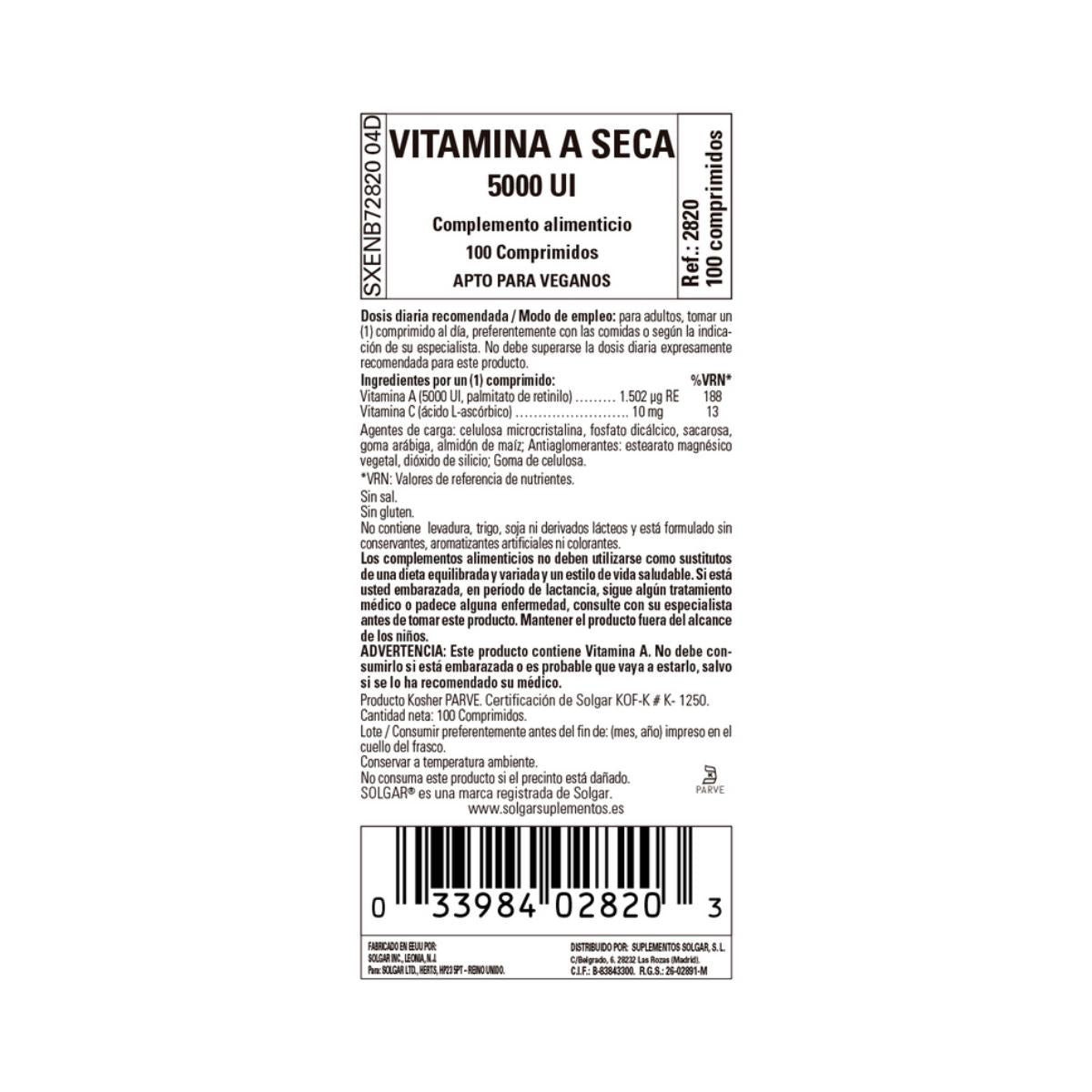 Vitamina A Seca 5000 UI palmitato, 100 comprimidos (5000UI)