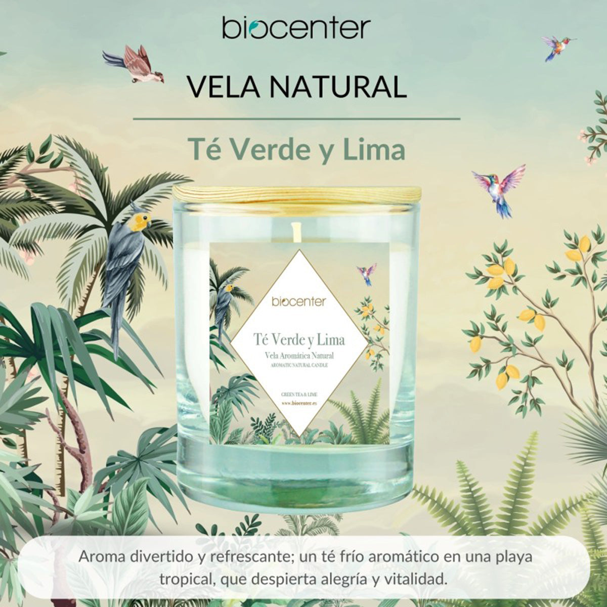 Vela natural Té verde y Lima - cera vegetal y aceites esenciales, Biocenter, 200 gr