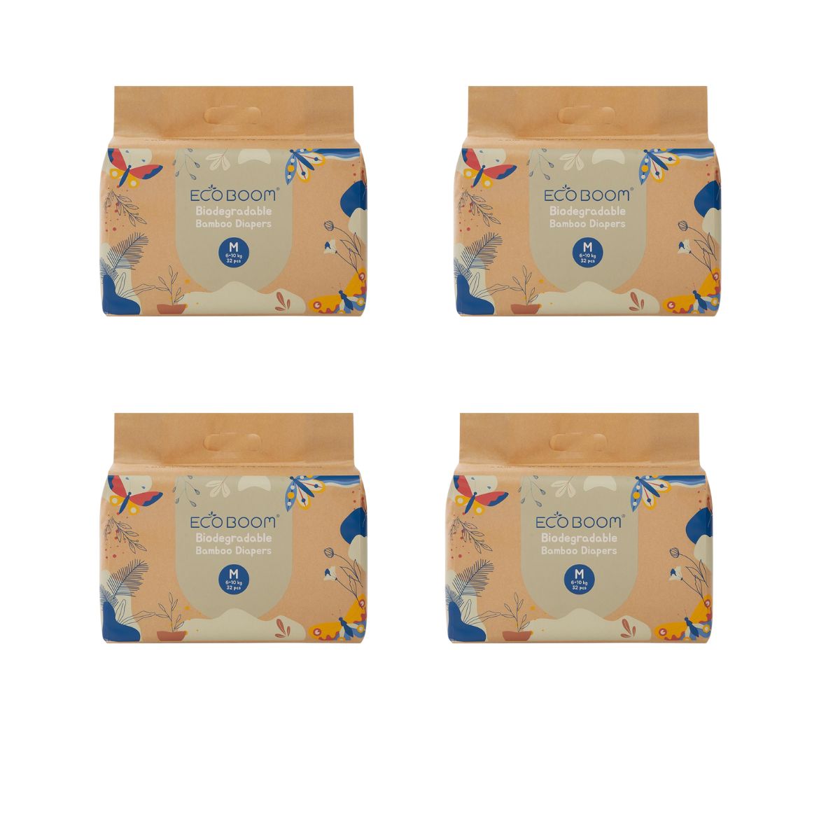 ECOBOOM- Pañal Ecológico de BAMBÚ Eco Boom. 70% Biodegradable, Hipoalergénico (TALLA 3/M, 6-10KG, PACK DE 4 BOLSAS, TOTAL 128 PAÑALES)