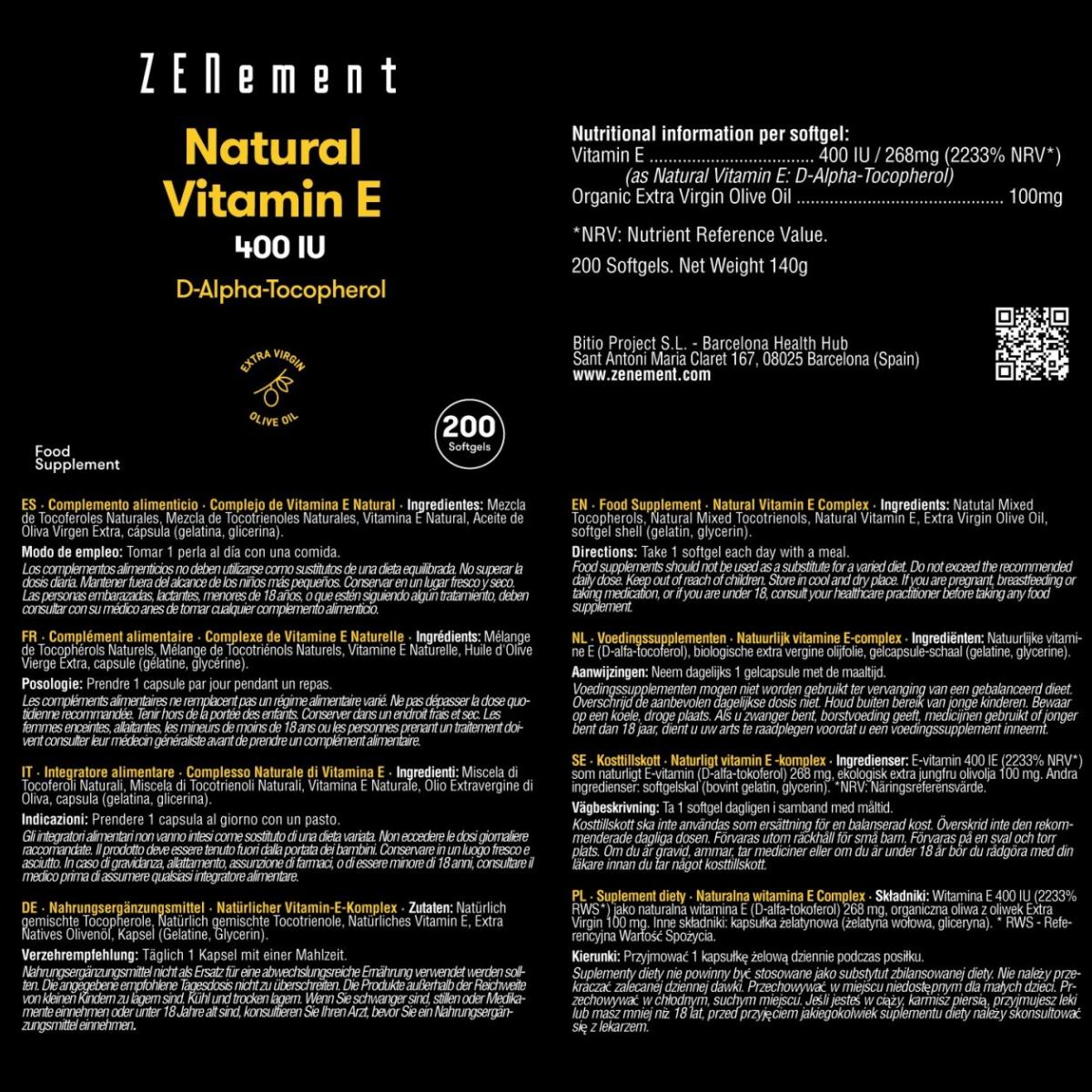Vitamina E Natural - 400 UI, (D-Alfa-Tocoferol) Zenement, 200 comprimidos
