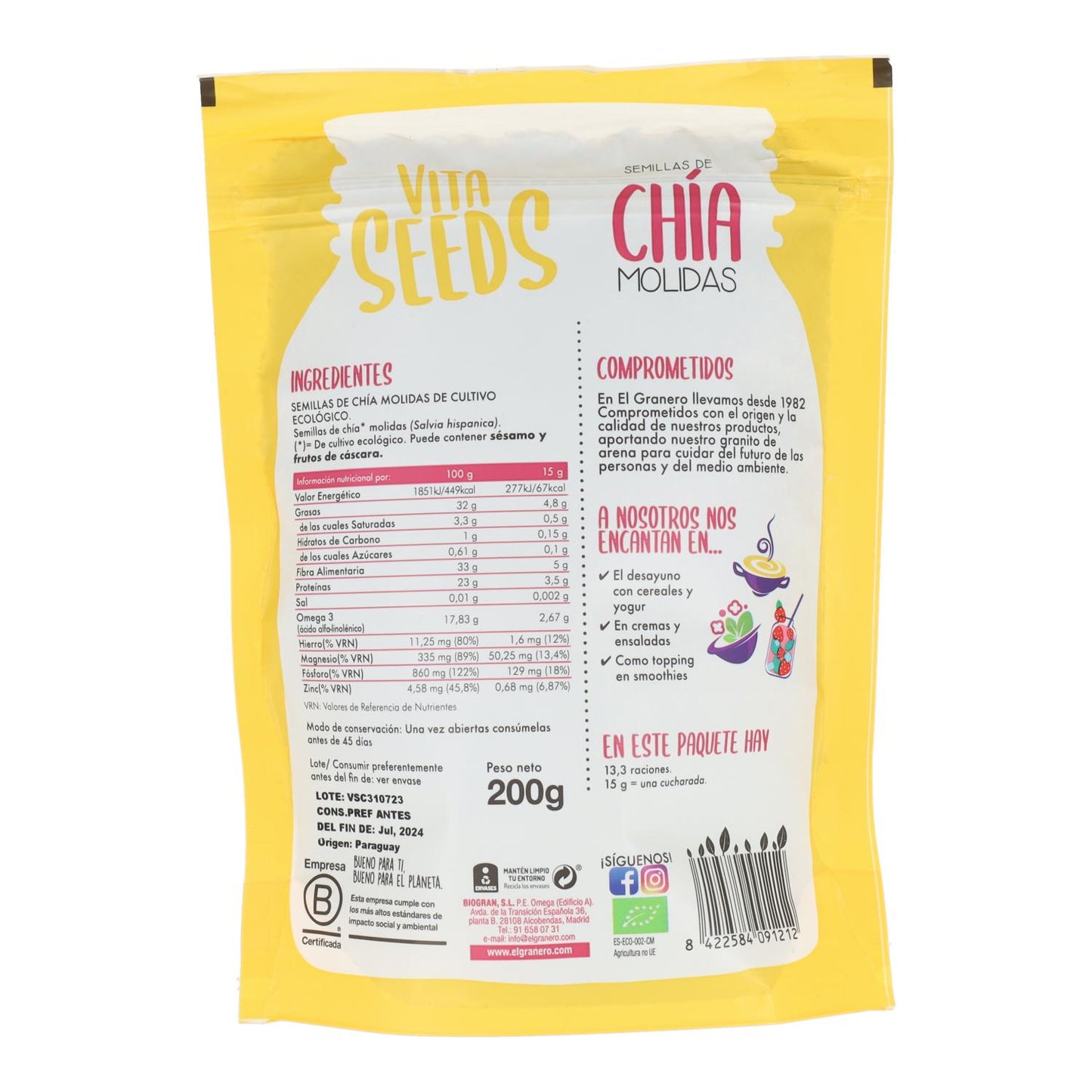 Semillas de Chía Molidas Bio Vitaseeds El Granero 200 g