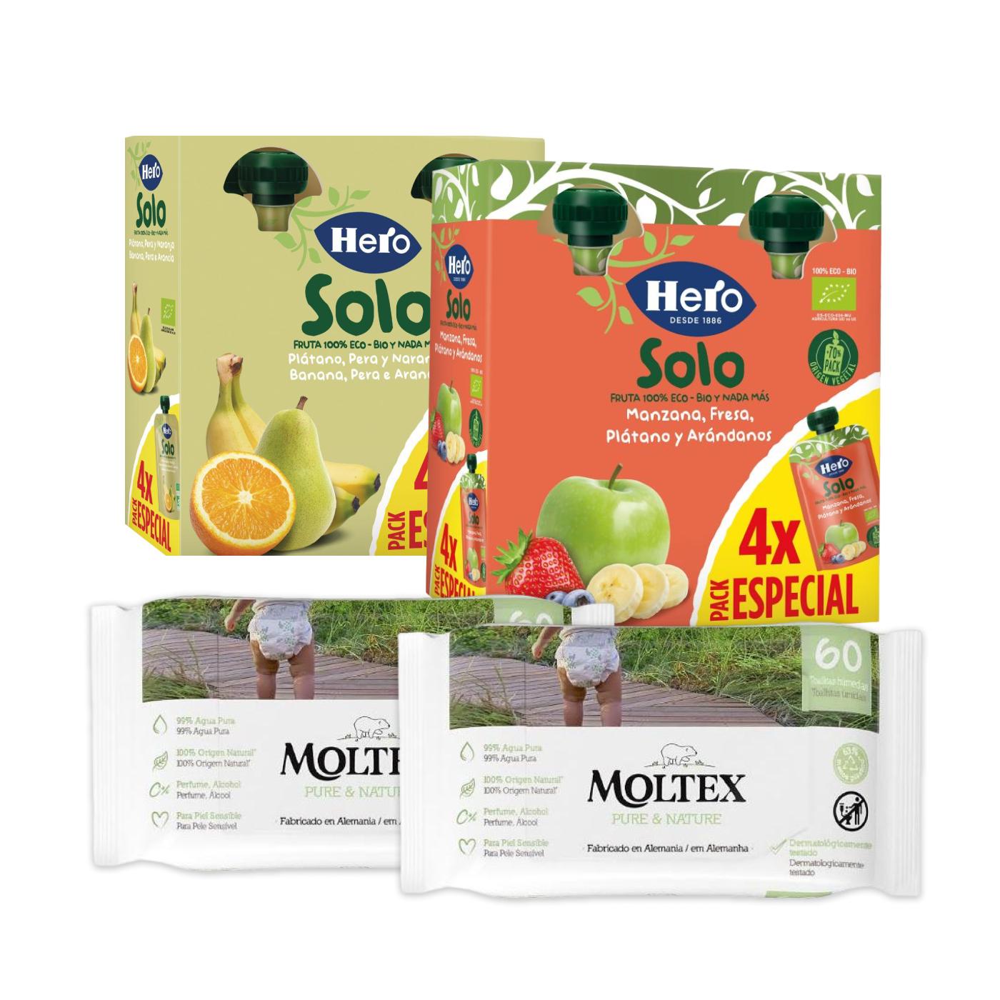 Pack 4 Bolsita Fruta Manzana + 4 Bolsita Fruta Plátano, Pera y Naranja Hero Baby + 2 Toallitas Moltex Pure & Nature