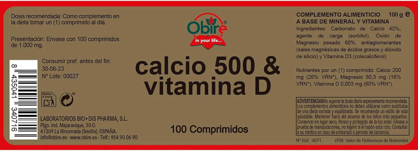 Calcio 500 y  vitamina D 100mg Obire 100 comprimidos