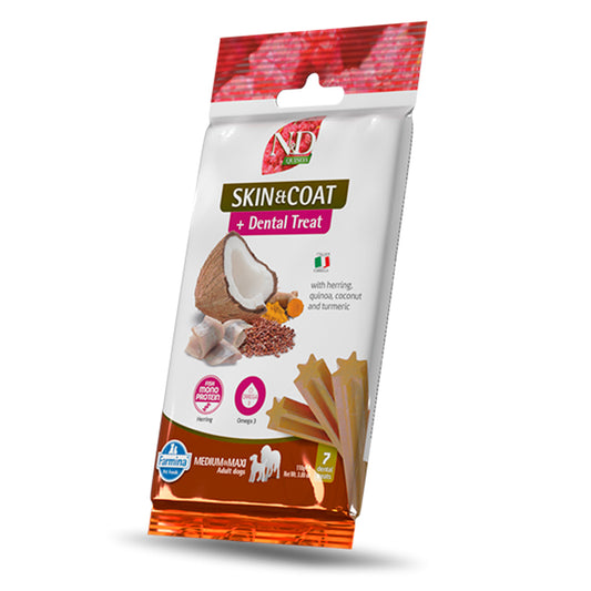 N&D Quinoa Canine Dental Treat Skin & Coat Herring razas med/max 100g 7 ud