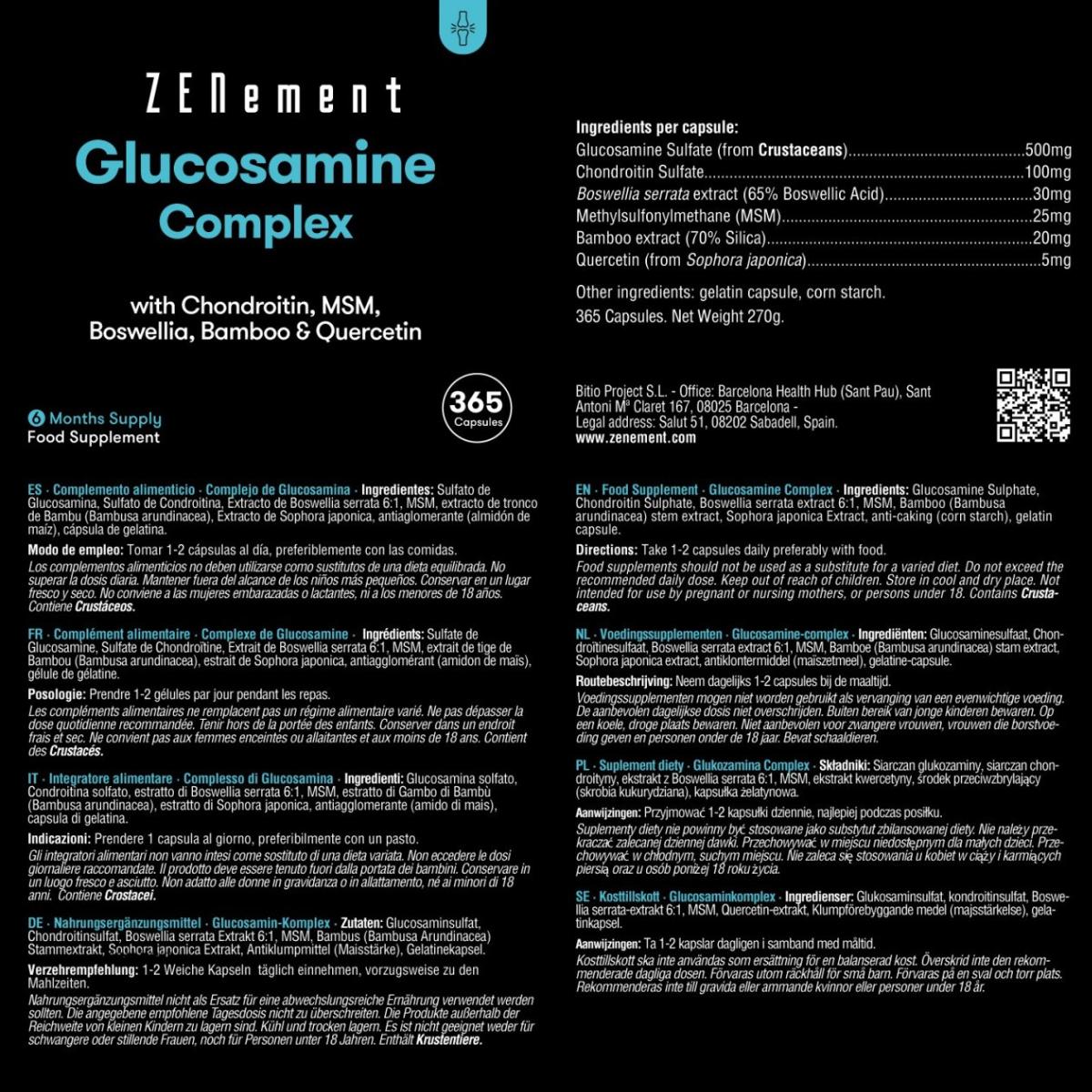 Complejo de Glucosamina con condroitina + MSM + boswellia + quercetina Zenemet, 365 comprimidos
