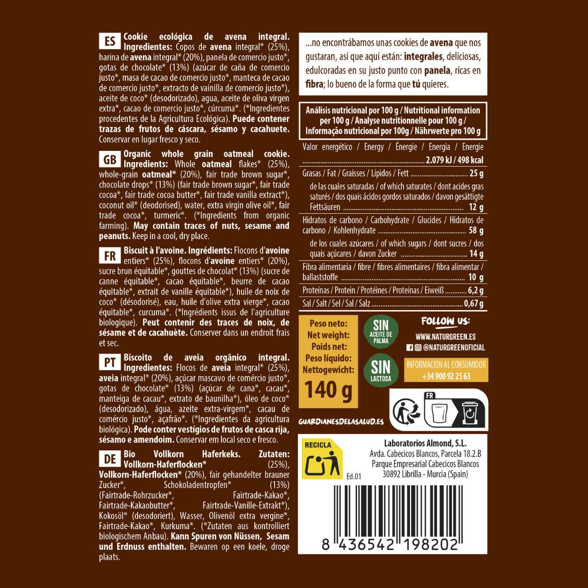 Cookie de Avena Integral Bio NaturGreen 140 g