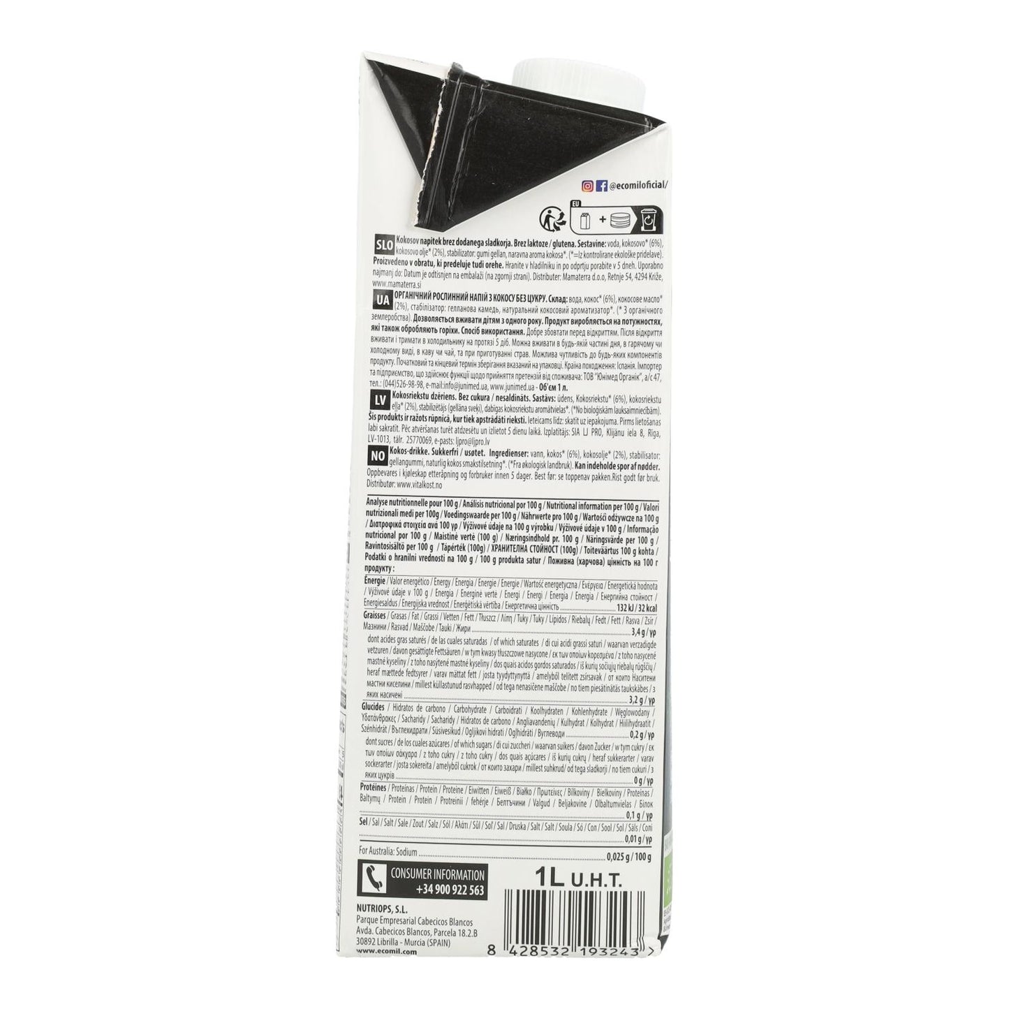 Bebida vegetal de Coco Nature KETO BIO EcoMil 1L