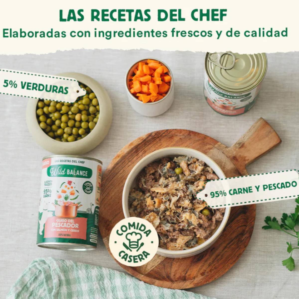 Lata completa Guiso del Pescador con Salmón y Cerdo para Perros Wild Balance 400gr