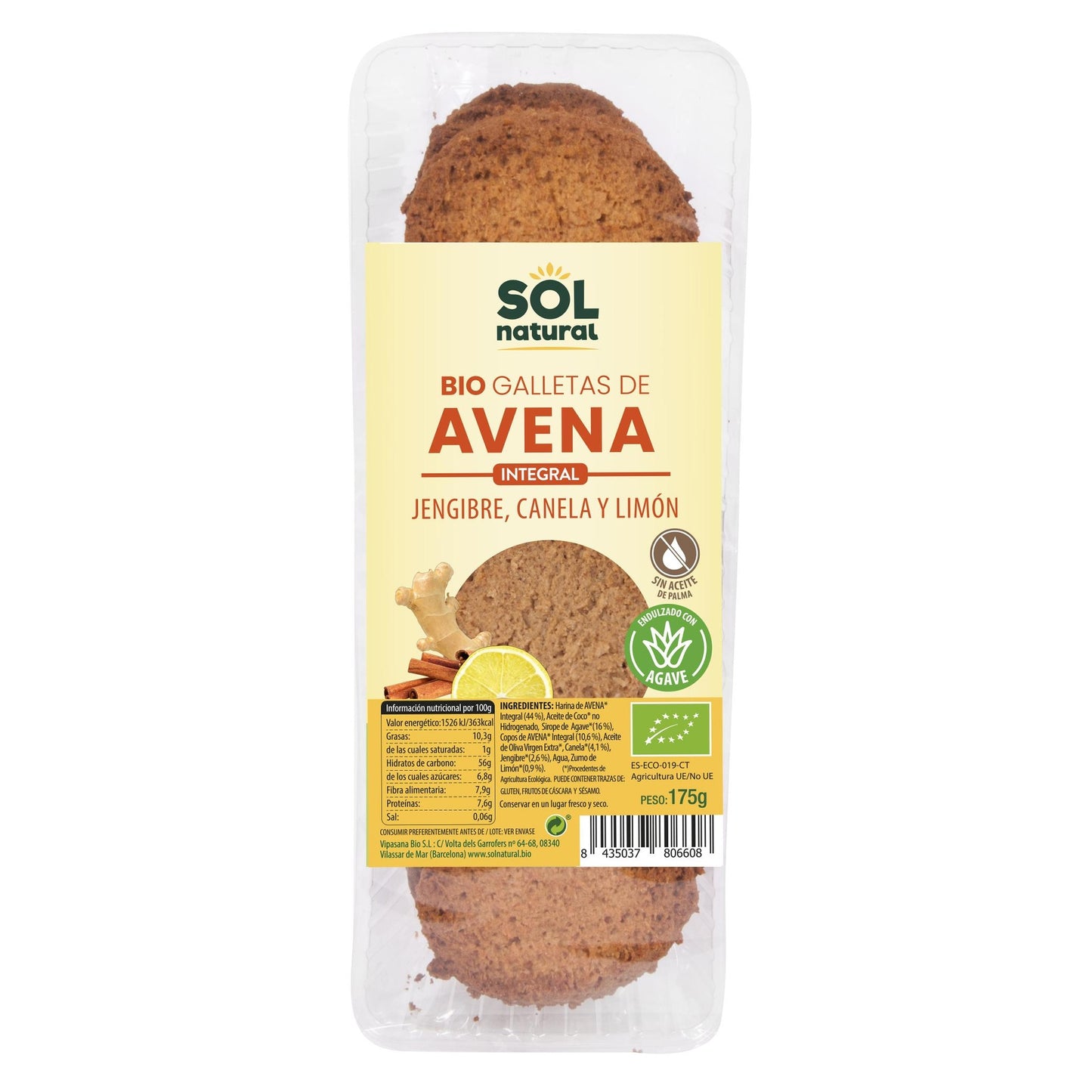 Galletas de avena con jengibre, canela y limón bio Sol Natural 175 g