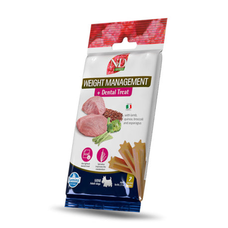N&D Quinoa Canine Dental Treat Weight Management razas mini 60 g 7 ud