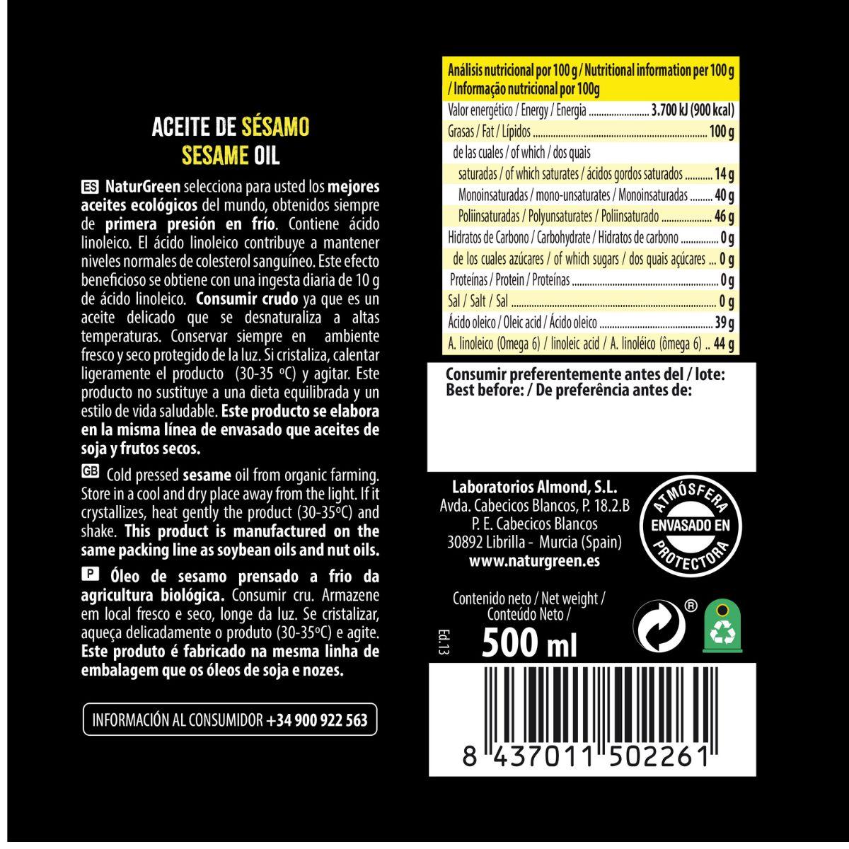 Aceite de Sésamo BIO  NaturGreen. 500 ml
