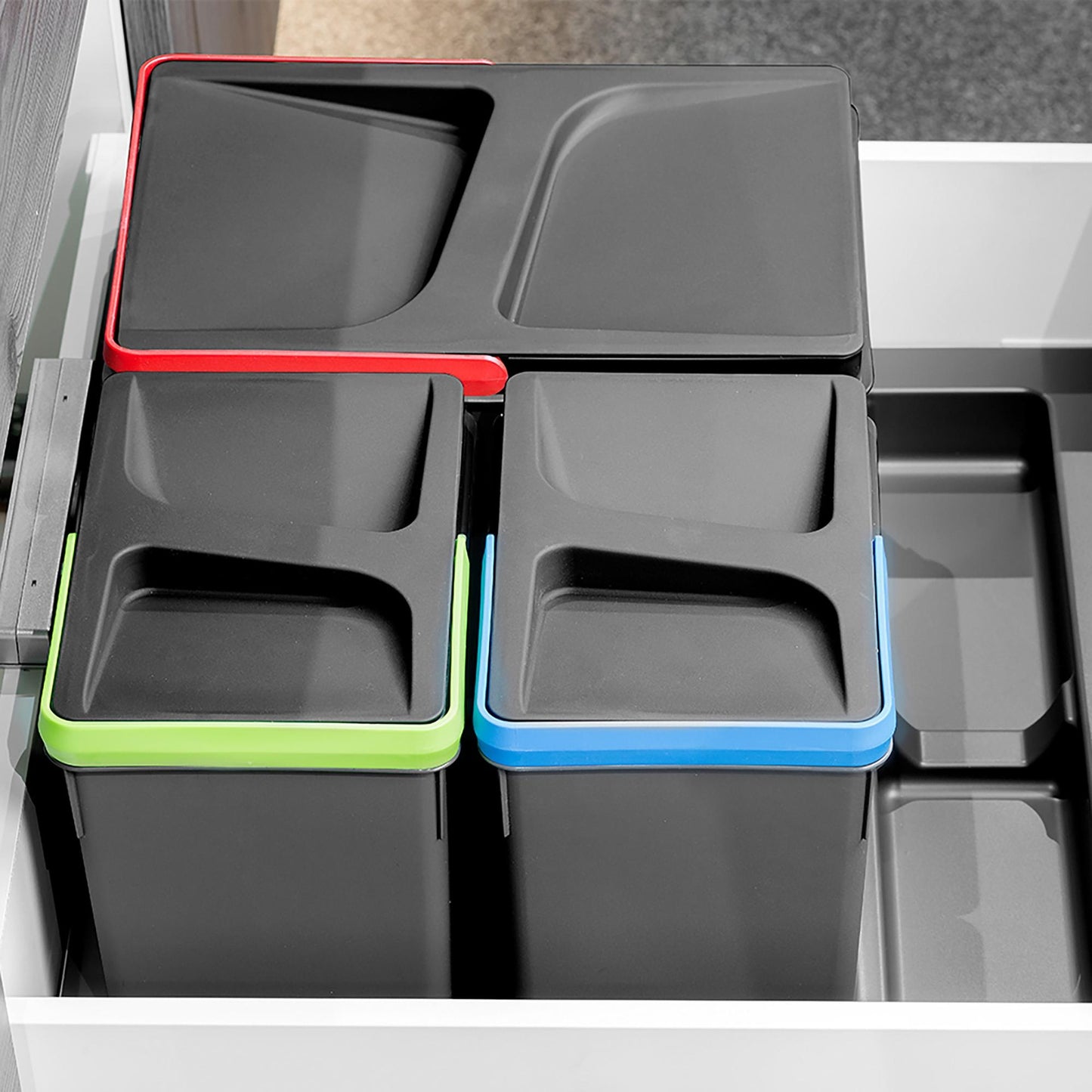 Contenedores para cajón de cocina Recycle, Altura 216, 1x12 + 2x6, Plástico gris antracita, Plástico, Emuca