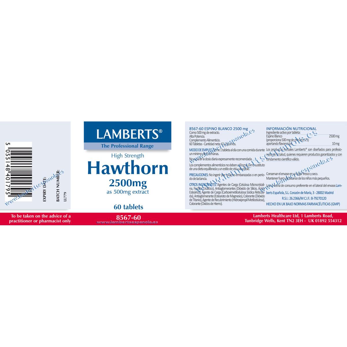 Espino Blanco 2.500 mg Lamberts, 60 tabletas