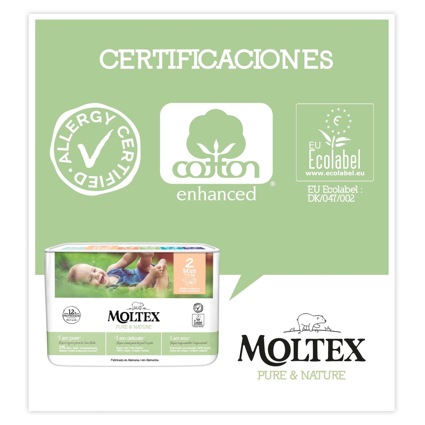 Pack ahorro Pañales T2 (3-6 kg) Moltex Pure & Nature, 144 Uds