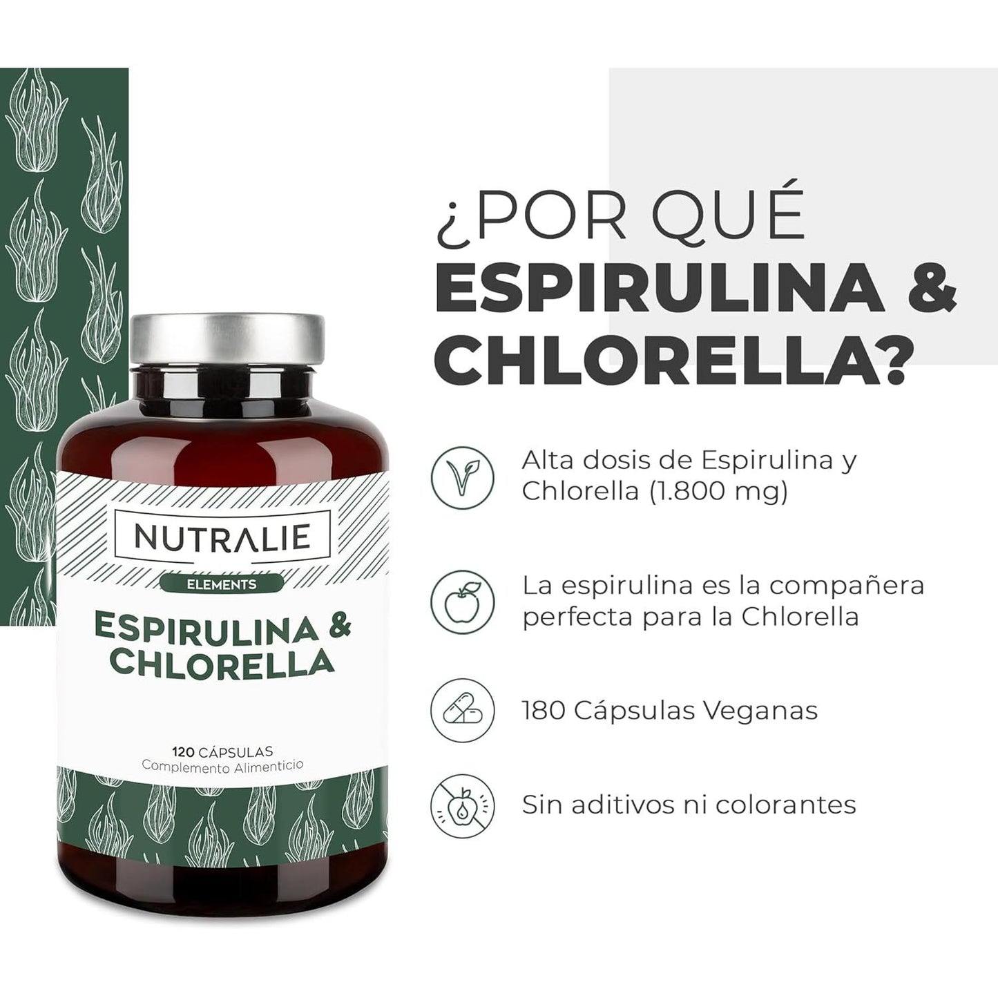 Nutralie Espirulina & Chlorella 1800mg energía y fuerza 180 cápsulas