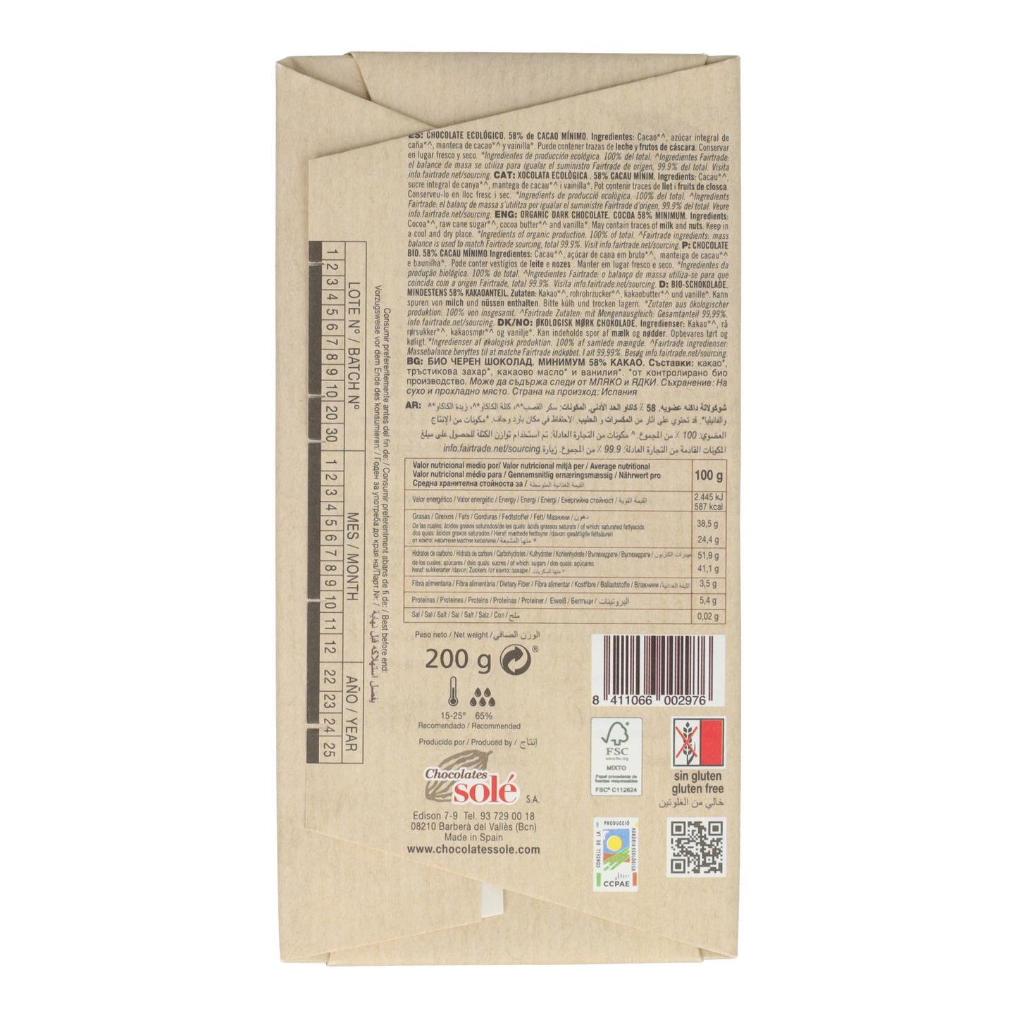 Chocolate BIO para Postres Solé 200 gr