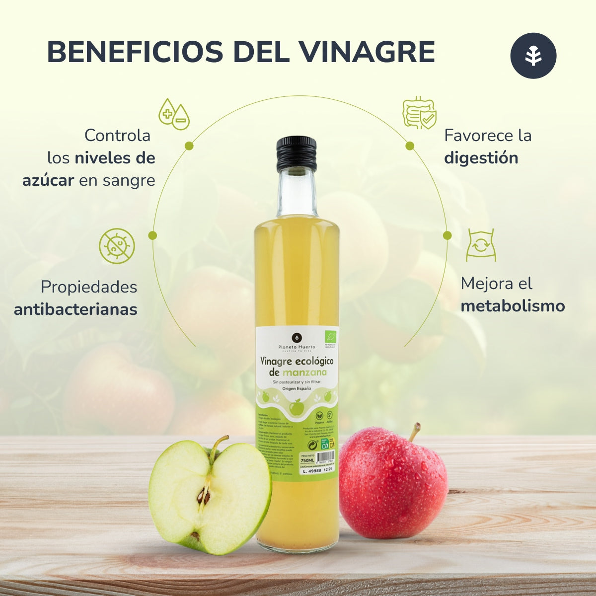 Pack 6x Vinagre de manzana ECO sin filtrar Planeta Huerto 750 ml
