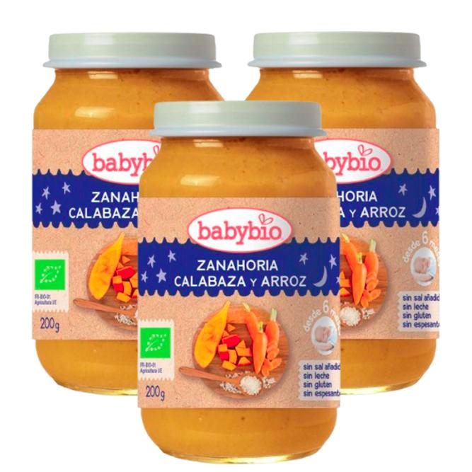 Pack PROMO 3x Tarrito Buenas Noches Zanahoria, Calabaza y Arroz, 200 g. Babybio