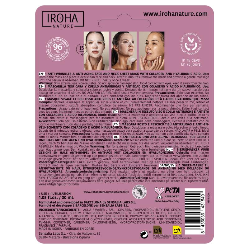 Mascarilla Facial y Cuello Tisú Antiarrugas y AntiAge Colágeno Iroha Nature 30 ml