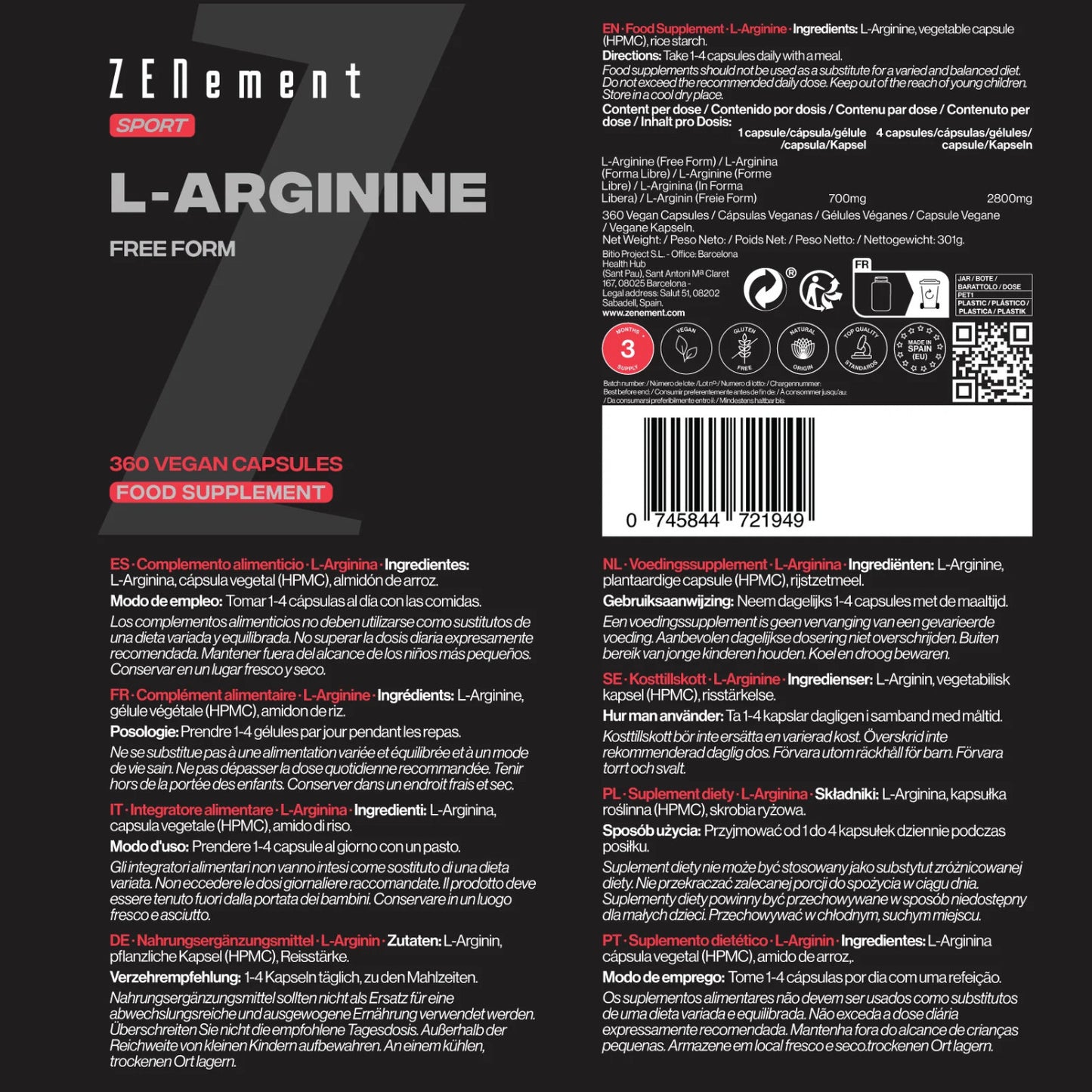 L-Arginina 700 mg Zenement 360 Cápsulas Veganas