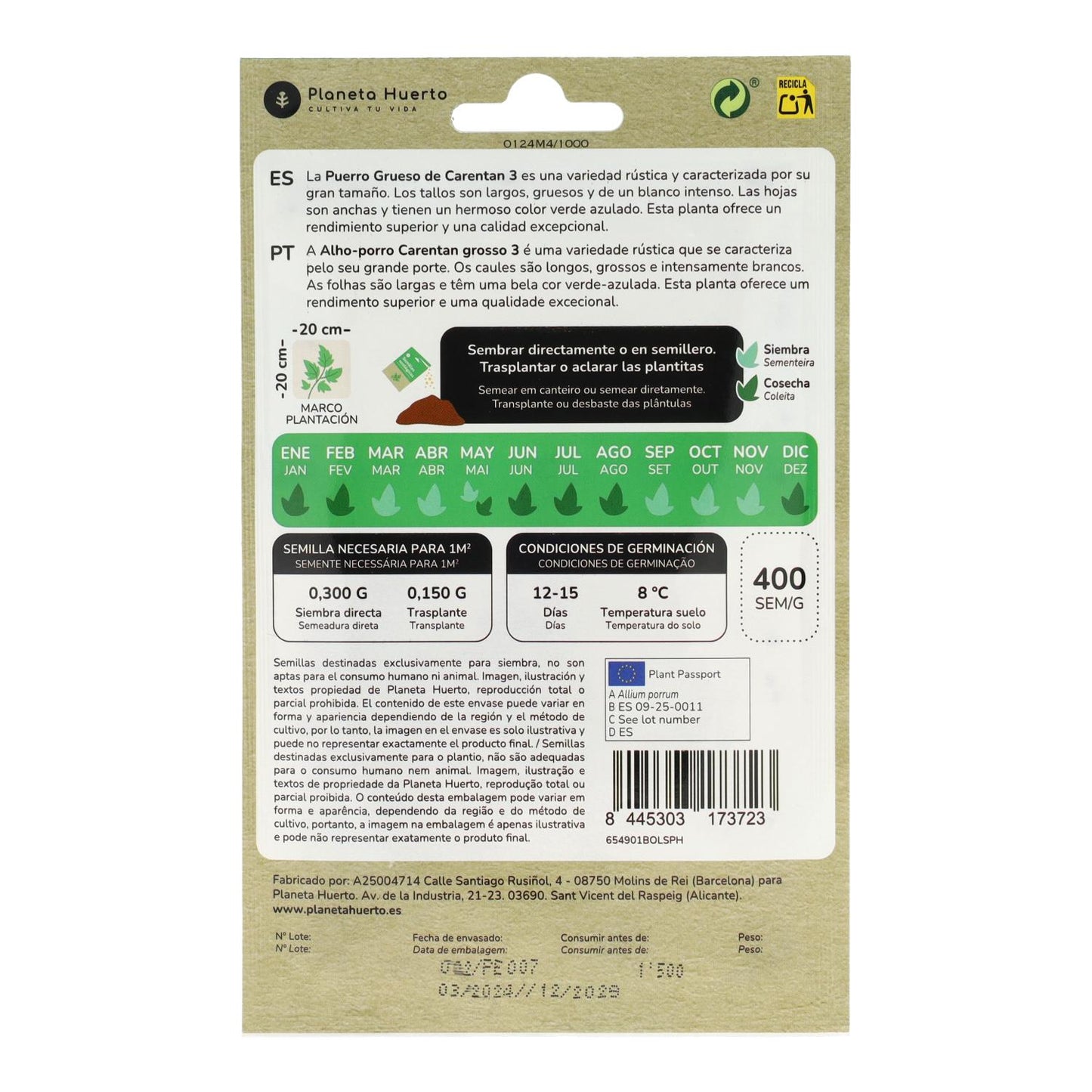 Semillas de Puerro grueso de Carentan ecológicas Planeta Huerto