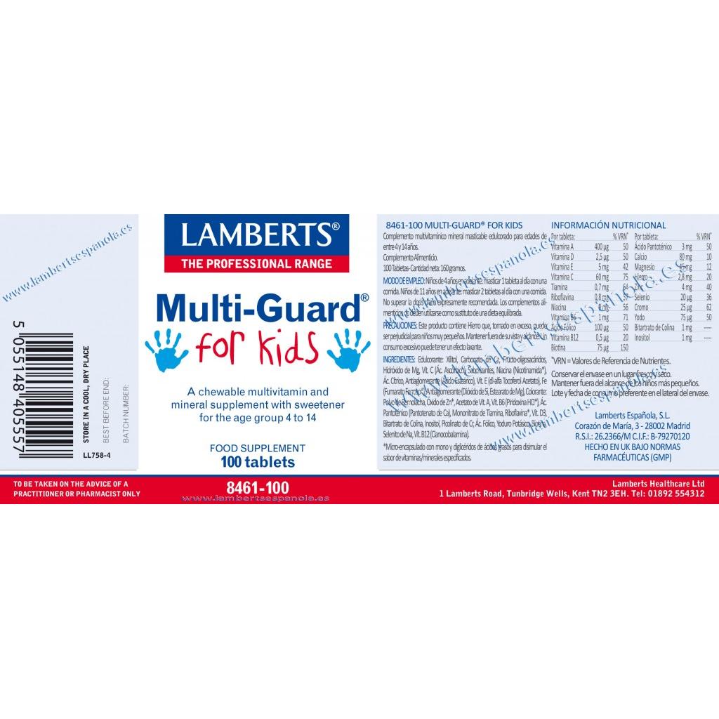 Pack 2x Multi-Guard para Niños. Vitaminas y Minerales, Lamberts, 100 tabletas masticables