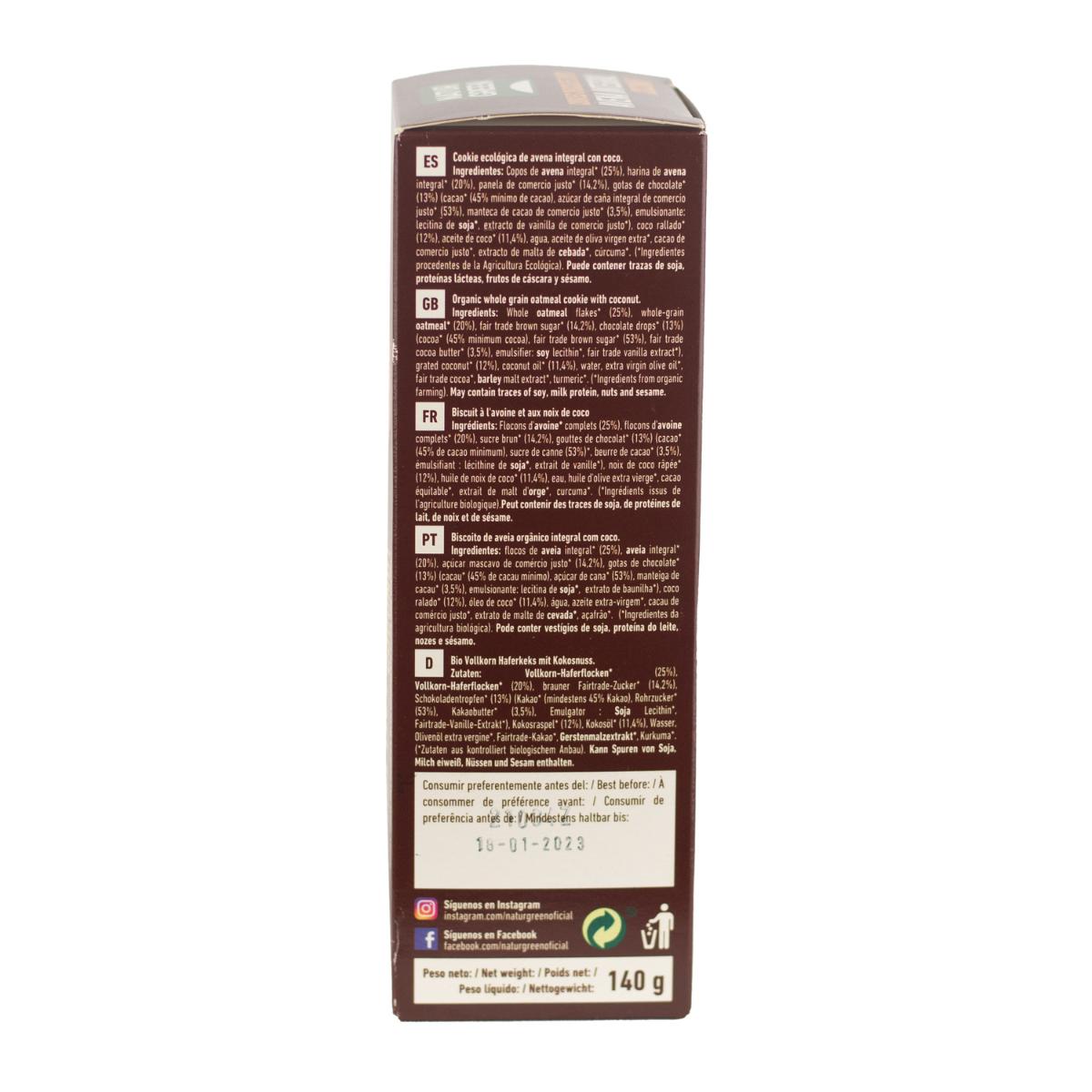 Galleta Cookie Vegana de Avena Integral, Chips de Chocolate y Coco Bio Naturgreen 140 g