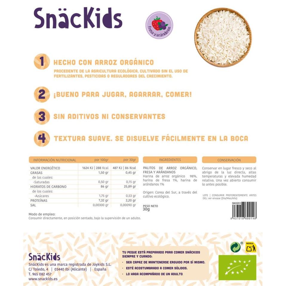 Snack ecológico para bebé + 8 meses Palitos Arróz, Fresa y Arándanos