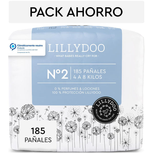 Pack ahorro Pañales LILLYDOO, Talla 2, 4-8 Kg, 185 uds
